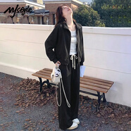 MJ STYLE星空棉休閑套裝女2026春秋新款立領(lǐng)短款開(kāi)衫外套直筒闊腿褲兩件套