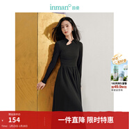茵曼（INMAN）【曠野美拉德】新中式拼接連衣裙2025春秋女裝新品長(cháng)袖打底裙子 午夜黑 L