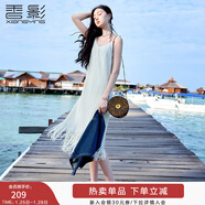 香影吊帶v領(lǐng)連衣裙女2025夏季新款海邊度假沙灘裙雪紡百褶流蘇裙 米色 M