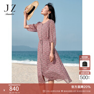 玖姿·安娜蔻氣質(zhì)民俗風(fēng)印花單排扣圓領(lǐng)雪紡收腰連衣裙女2025夏新款 花銹紅 L