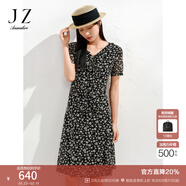 玖姿·安娜蔻氣質(zhì)輕熟風(fēng)系帶V領(lǐng)碎花裙修身連衣裙女裙夏裝中長(cháng)款法式短袖裙子 花黑 XL