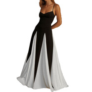 2026春季新款歐美女裝連衣裙純色性感U領(lǐng)收腰褶皺吊帶大擺連衣裙 28457-黑白色 S