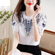 皮爾卡丹（pierre cardin）民族風(fēng)刺繡雪紡衫夏季2025年新款復古洋氣短袖小衫寬松顯瘦上衣 白色 M