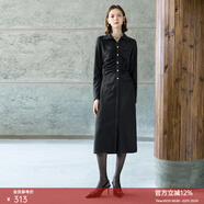 顏域襯衫領(lǐng)收腰連衣裙2025新款女秋冬女裝過(guò)膝保暖褶皺設計感長(cháng)裙 黑色 S/36