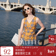 三彩獨醒2025夏季新款格紋小衫打褶V領(lǐng)無(wú)袖上衣修身休閑F 姜黃色格紋 S 155/80A