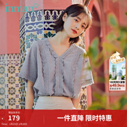 茵曼（INMAN）2026年春夏新款小飛袖小清新繡花拼接慵懶文藝V領(lǐng)短袖襯衫 灰藍色 XL