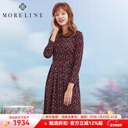 MORELINE沐蘭高端復古印花長(cháng)袖氣質(zhì)連衣裙女秋季娃娃領(lǐng)大擺中長(cháng)裙碎花裙 紫花 M 38