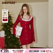 UNIFREE【春裝新品】騏驥紅長(cháng)袖針織連衣裙娃娃領(lǐng)復古純欲收腰包臀裙子 紅色 M