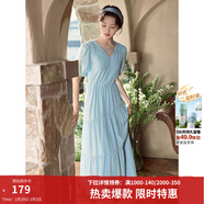 茵曼（INMAN）法式薄荷曼波連衣裙2024夏女裝新品V領(lǐng)燈籠袖抽繩 紺藍色 S