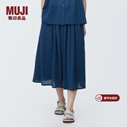 MUJI女式強捻抽褶裙長(cháng)半身裙紗裙薄荷曼波風(fēng)純棉全棉裙子女裝半裙 藏青色 S 155/62A