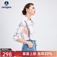 Navigare意大利小帆船女士長(cháng)袖襯衫春秋季休閑格子襯衣萊賽爾高檔寸衫 粉紅/白 S