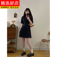 花花公子（PLAYBOY）2025新款大碼復古法式短袖連衣裙女裝夏季梨形身材牛仔裙胖MM收腰 短裙-旗艦款 L 【建議100-120斤】