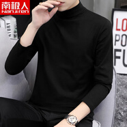 南極人（Nanjiren）純棉t恤男長(cháng)袖內搭半高領(lǐng)打底衫純色白色上衣服中領(lǐng)小衫全棉體恤 M06黑色 L (適合100-120斤)