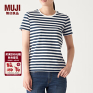 MUJI MUJI 女式 印度棉天竺編織 圓領(lǐng)短袖T恤 BBB01A0S 深海軍藍X條紋 S