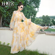 絲柏舍法式碎花連衣裙2026春新款女裝時(shí)尚圓領(lǐng)度假風(fēng)顯瘦雪紡長(cháng)裙 黃色花（長(cháng)袖） XL