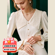 Olrain【5折】V領(lǐng)雪紡連衣裙女秋秋收腰顯瘦氣質(zhì)復古蕾絲拼接長(cháng)裙子 杏色 L 165/88A