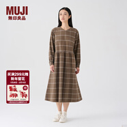 MUJI女式 法蘭絨抽褶連衣裙 美拉德純棉起毛寬松長(cháng)裙子秋冬 BC08CC3A 褪色米色格紋 M 160/84A