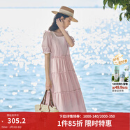 茵曼（INMAN）七七同款連衣裙2026夏女裝新款田園純棉提花方領(lǐng)A字泡泡袖蛋糕裙 皮粉色 XL