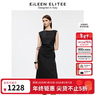 朗姿【意大利設計】羊毛顯瘦條紋設計感不規則連衣裙夏季新款 黑色 XL