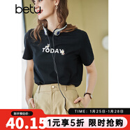 betu百圖女裝春裝新款寬松韓版卡通印花短袖T恤ins潮JD2102T08 黑色 XS
