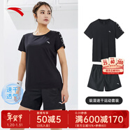 安踏速干運動(dòng)套裝羽毛球瑜伽服女士夏季透氣短褲短袖T恤跑步跳操衣服 【速干套裝】基礎黑-6 S/160