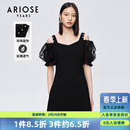 艾諾絲雅詩(shī)【商場(chǎng)同款】夏新珍珠網(wǎng)紗泡泡袖短袖小清新小黑裙連衣裙10429006 黑色 L