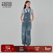 Teenie Weenie小熊女裝牛仔褲2025夏季復古補丁潮流時(shí)尚背帶褲 中藍色 XS