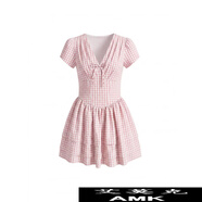 艾莫克成熟系甜美風(fēng)蝴蝶結粉格子連衣裙女復古收腰短裙 粉格子 S