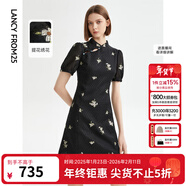 朗姿新中式復古碎花旗袍裙短裙氣質(zhì)顯瘦高級感連衣裙夏季新款 黑色3 M