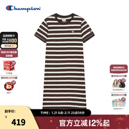 Champion冠軍連衣裙女2026春季條紋針織及膝撞色短裙休閑學(xué)院風(fēng)潮 咖啡色條紋 S