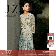 玖姿·安娜蔻印花收腰中長(cháng)連衣裙女夏款輕薄碎花修身裙子 花紋綠 L
