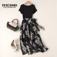 拉倫菲韻高端品牌碎花連衣裙女2026夏季新款氣質(zhì)收腰法式拼接雪紡印花長(cháng)裙 黑色 S