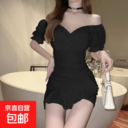 性感名媛低胸V領(lǐng)短袖連衣裙女2026年夏季露背荷葉邊緊身包臀短裙 黑色 L