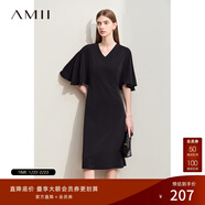AMII女裝2025夏季V領(lǐng)荷葉袖喇叭袖連衣裙女修身顯瘦垂感雪紡 黑色 S 155/80A
