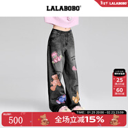LALABOBO【周深同款】純棉牛仔褲高腰顯瘦小熊印花寬松闊腿褲RBED-WXZC19 灰色 27 建議125-140斤