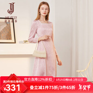 經(jīng)典故事（JANE STORY）法式方領(lǐng)緞面連衣裙女春秋2025新款高端精致千鳥(niǎo)格暗紋修身裙子 粉色 M