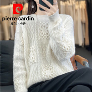 皮爾卡丹100%純山羊絨衫女圓領(lǐng)重工勾花鏤空針織毛衣寬松慵懶羊絨打底 珍珠白 L