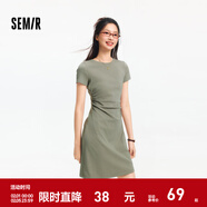 森馬（Semir）連衣裙女收腰T恤裙小心機夏季2025新款繡花圓領(lǐng)短裙簡(jiǎn)約休閑 橄欖綠A41805 XS