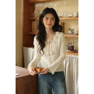 彌古法式奶白花邊長(cháng)袖針織衫女設計感2026新款春季v領(lǐng)喇叭袖上衣 香熏集（奶白色） 均碼