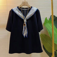 韓版加碼女裝絲巾披肩領(lǐng)短袖小衫胖妹妹氣質(zhì)2025春秋款百搭上衣 黑色 3XL 3XL建議120150斤