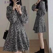 美安嘉胖mm法式長(cháng)袖碎花連衣裙女秋季新款大碼顯瘦氣質(zhì)雪紡黑色裙子 碎花連衣裙【版】 3XL