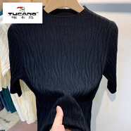 啄木鳥(niǎo)春秋款五分短袖針織衫女花紋半高領(lǐng)毛衣中袖修身顯瘦打底衫t恤 官方旗艦黑色 M 95-110斤