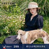 詩(shī)凡黎（‘S EIFINI）詩(shī)凡黎法式波點(diǎn)圍裹式連衣裙25夏新款V領(lǐng)系帶泡泡袖荷葉邊中長(cháng)裙 黑色 S