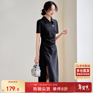 尚都比拉夏季通勤Polo裙短袖針織連衣裙女開(kāi)叉A字裙 黑色142L54627  M