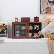 實(shí)木防塵帶門(mén)杯子置物架水杯咖啡杯杯酒杯餐邊桌面展示柜 二層北美黑胡桃木長(cháng)虹玻璃門(mén)