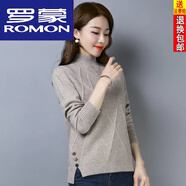 羅蒙（ROMON）25年新款針織衫寬松加厚秋冬半高領(lǐng)毛絨衫短款開(kāi)叉打底毛衣上衣女 杏色 2XL 【130-140斤】