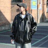 MASFANY黑色皮衣外套男春季潮牌高級(jí)感美式機(jī)車服夾克痞帥棒球服工裝外套 MAJ312黑色 XL