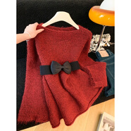 AEMAPE輕奢感紅色長(cháng)袖針織衫女冬季2025新款蝴蝶結腰帶收腰顯瘦毛衣 紅色 S