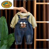 G.duck寶寶牛仔背帶褲套裝2024新款男童春裝兩件套1一3歲嬰兒童衣服韓版 綠色 大小眼連帽背帶褲套裝 110 適合35斤3-4歲