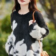 中國風(fēng)青花瓷提花V領(lǐng)拉絨羊絨衫女長(cháng)袖軟糯毛衣大碼羊毛針織上衣 黑色 YZRJT-5126 均碼